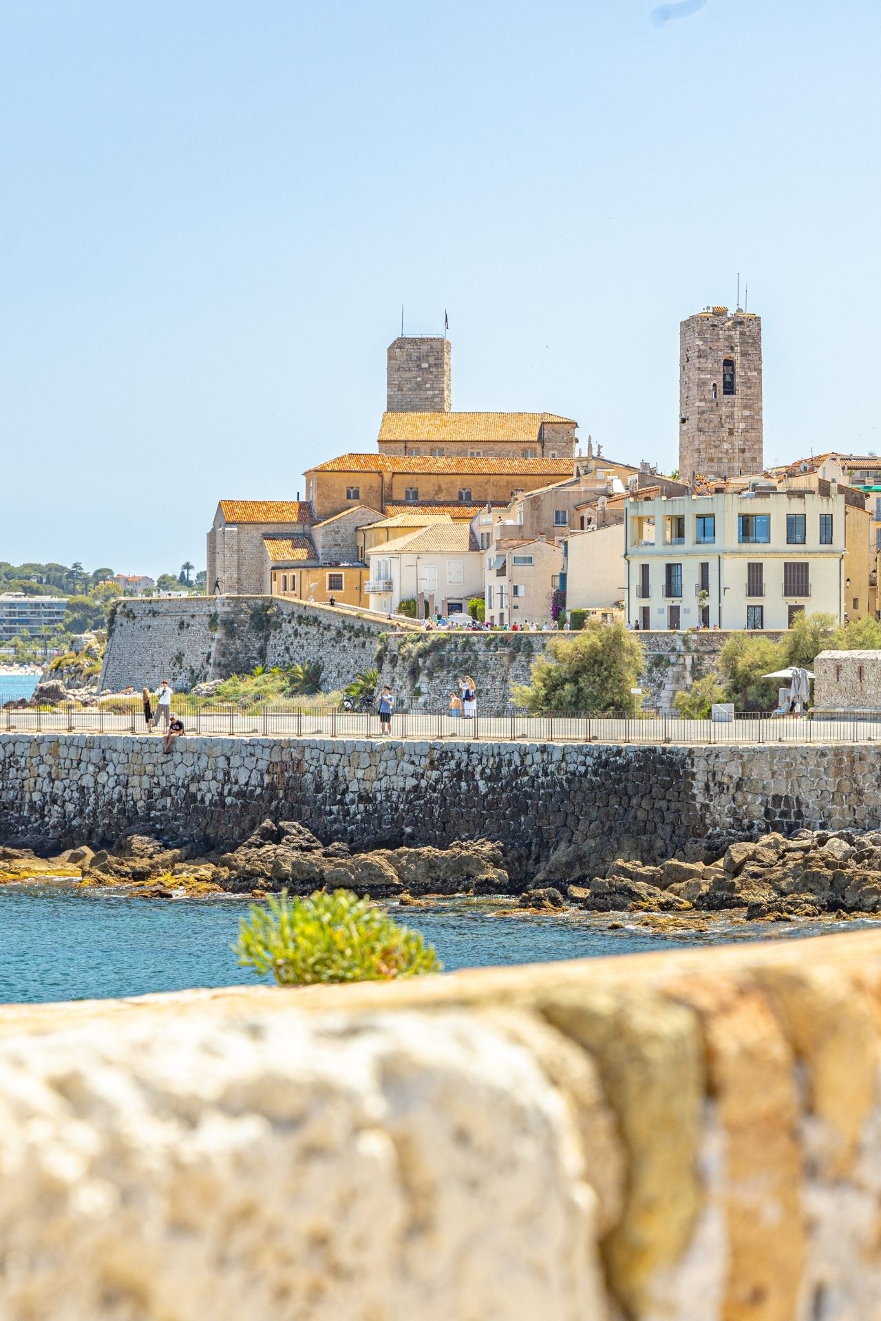 Vue sur la vieille ville d'Antibes depuis les remparts du port – tours médiévales, église de l'Immaculée-Conception et toits provençaux face à la Méditerranée